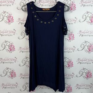 Belldini shirt cold shoulder open  Navy Blue with gold circle Grommet Details